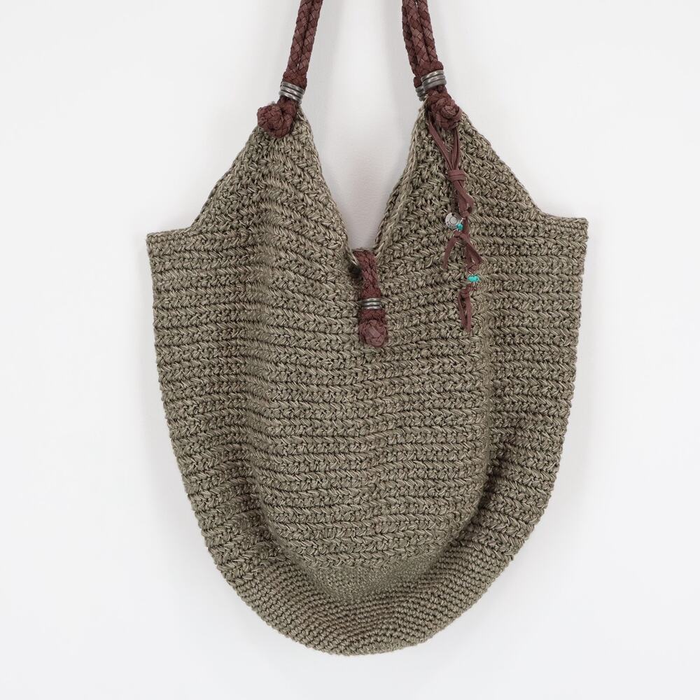 The Sak Happy & Free Crochet Woven Knit Shoulder Tote Bag Khaki Olive Boho - Picture 2 of 10